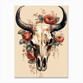 Vintage Boho Bull Skull Flowers Painting (60) Canvas Print