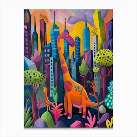Colourful Dinosaur Cityscape Painting 2 Canvas Print