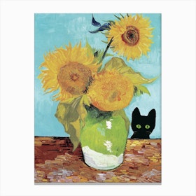 Vase With Three Sunflowers With A Black Cat, Van Gogh  Inspired Canvas Print