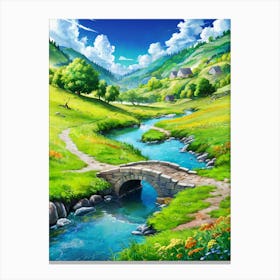 Lofi Anime Art: Picturesque countryside with a stone bridge, vibrant wildflowers, and rolling green hills. Perfect for peaceful and nostalgic vibes. Canvas Print