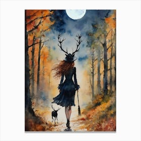 The Hunter's Moon ~ Witchy Pagan Wheel of the Year Spooky Fairytale Watercolour  Canvas Print