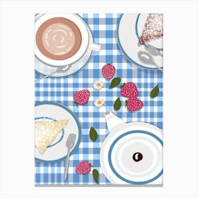 Tea For Two On Blue Tablecloth  Canvas Print