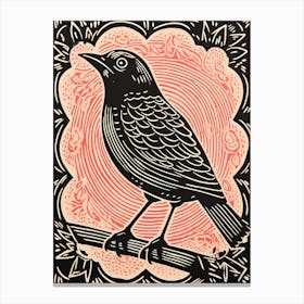 Vintage Bird Linocut Cowbird 2 Canvas Print