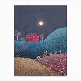 Midnight Landscape And Red House Canvas Print