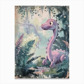 Cute Dinosaur In The Leaves Storybook Style 1 Canvas Print