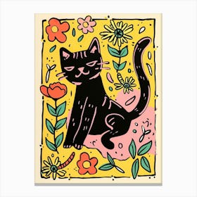 Cute Black Cat With Flowers Illustration 1 Canvas Print