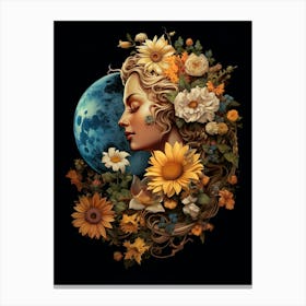 Woman With Sunflowers And Moon On Her Head Canvas Print