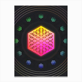 Neon Geometric Glyph in Pink and Yellow Circle Array on Black n.0172 Canvas Print