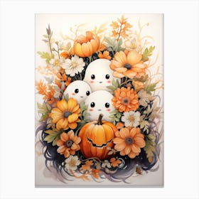 Cute Bedsheet Ghost, Botanical Halloween Watercolour 107 Canvas Print