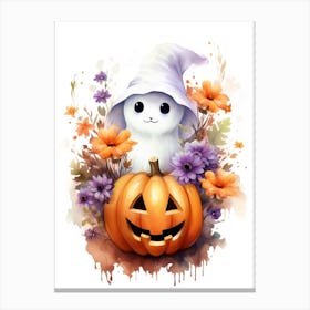 Cute Ghost With Pumpkins Halloween Watercolour 109 Canvas Print