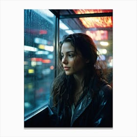 Beautiful Woman In A Bus Shelter Caught In A Candid Moment Evening Evolving Into Rain Soaked Piety Canvas Print