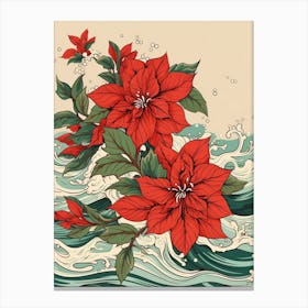 Great Wave With Poinsettia Flower Drawing In The Style Of Ukiyo E 3 Canvas Print