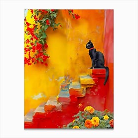 Black Cat, stairs, flowers, colors Canvas Print