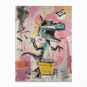 Dinosaur Eating Ramen Pink Graffiti Brushstroke Canvas Print