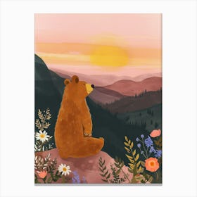 Brown Bear Looking At A Sunset From A Mountaintop Storybook Illustration 1 Canvas Print