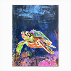 Neon Sea Turtle In The Sea At Night 1 Canvas Print