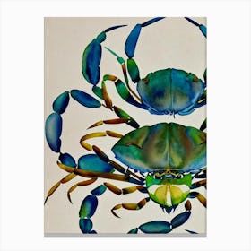 Blue Crab Vintage Graphic Watercolour Canvas Print