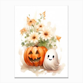 Cute Ghost With Pumpkins Halloween Watercolour 19 Canvas Print