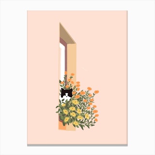 Cat In Window On Pink Canvas Print
