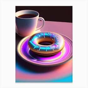 A Donut On A Plate With A Coffee Next To It Holographic 1 Canvas Print