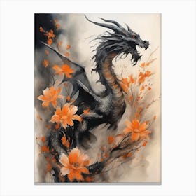 Japanese Dragon Abstract Flowers Painting (11) Canvas Print