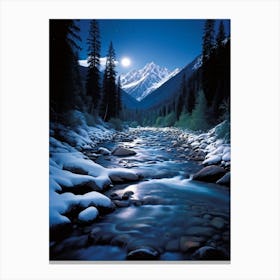 Midnight Landscape Bathed In Moonlit Glow Snow Covered Mountain Forests And Deep Valleys Large And Canvas Print