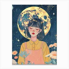asian Girl With Flowers And The Moon Canvas Print