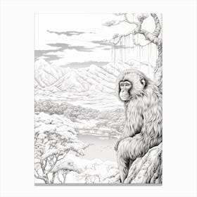 Jigokudani Monkey Park In Nagano, Ukiyo E Black And White Line Art Drawing 2 Canvas Print