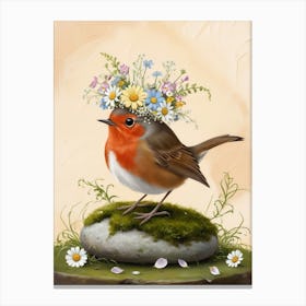 Robin With Flowers 6 Canvas Print