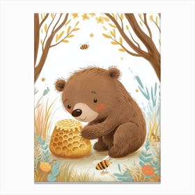 Brown Bear Cub Playing With A Beehive Storybook Illustration 2 Canvas Print