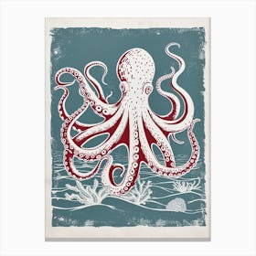 Octopus Deep In The Ocean Linocut Inspired 3 Canvas Print