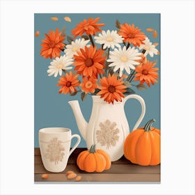 Pitcher With Sunflowers, Atumn Fall Daisies And Pumpkin Latte Cute Illustration 6 Canvas Print