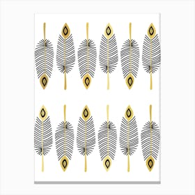 Rows Of Western Boho Feathers - Black, White, and Gold Canvas Print