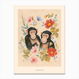 Folksy Floral Animal Drawing Chimpanzee 4 Poster Canvas Print