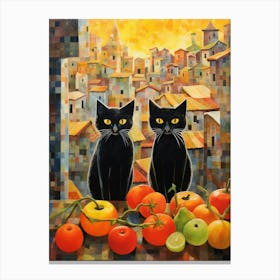 Black Cats With Fruit In Front Of A City From The Middle Ages Canvas Print