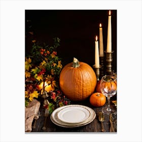 Autumnal Thanksgiving Table Setting Centering An Organic Pumpkin Surrounded By A Bounty Of Golden (7) Canvas Print