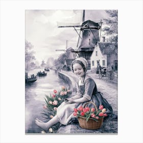 Little Girl With Tulips Canvas Print