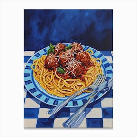 Spaghetti With Meatballs Checkered Blue 4 Canvas Print