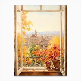 Window View Of Barcelona Spain In Autumn Fall, Watercolour 1 Canvas Print
