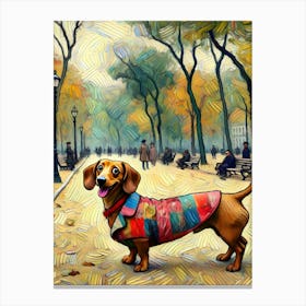 Cheerful Dachshund in a Patchwork Coat in Autumn Lienzo