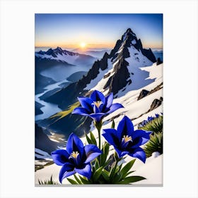 Flowers Nature Blue Petals Sunrise Snow Mountains Landscape Canvas Print