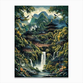 Japanese Temple in Mountain Waterfall Forest Art Painting #5 Canvas Print