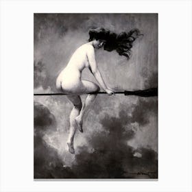 Pour Le Sabbat (c.1910) - Departing for the Sabbat - French Vintage Art Oil Painting by Albert Joseph Pénot - Witch on a Broomstick Victorian Nude Witchy Pagan Gothic Cool Witchcore Sweeping Hair Witches Broom Canvas Print
