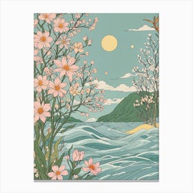 Pink Blossoms And The Sea Canvas Print