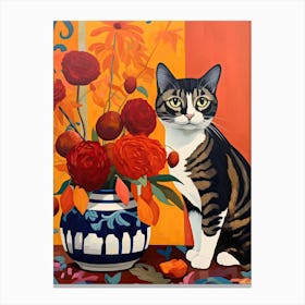 Forget Me Not Flower Vase And A Cat, A Painting In The Style Of Matisse 1 Canvas Print