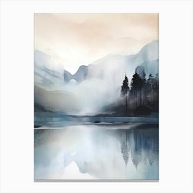 Watercolour Landscape, Blue Nordic Nature Lake 1 Canvas Print