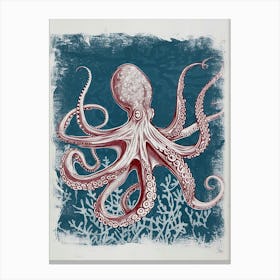 Detailed Octopus On The Ocean Floor Linocut Inspired 4 Canvas Print