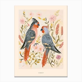 Folksy Floral Animal Drawing Parrot 1 Poster Canvas Print