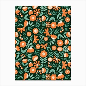 Cute Soft Scattered Scandi Florals Dark Green, Orange, Bright Green Canvas Print