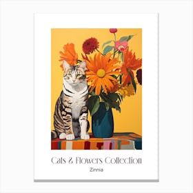 Cats & Flowers Collection Zinnia Flower Vase And A Cat, A Painting In The Style Of Matisse 0 Canvas Print